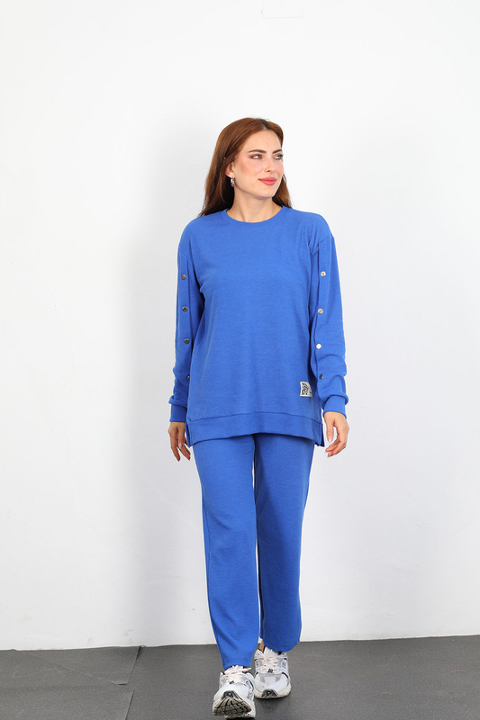 Apolet Detay Armalı Bol Paça Kadın Mavi Fitilli Takım - 1