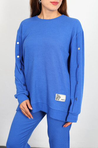 Apolet Detay Armalı Bol Paça Kadın Mavi Fitilli Takım - 4