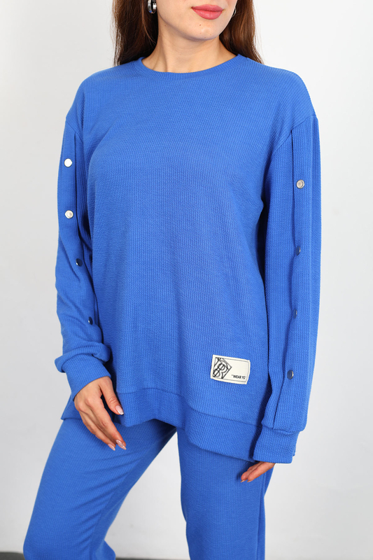 Apolet Detay Armalı Bol Paça Kadın Mavi Fitilli Takım - 4