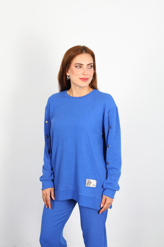 Apolet Detay Armalı Bol Paça Kadın Mavi Fitilli Takım - 2