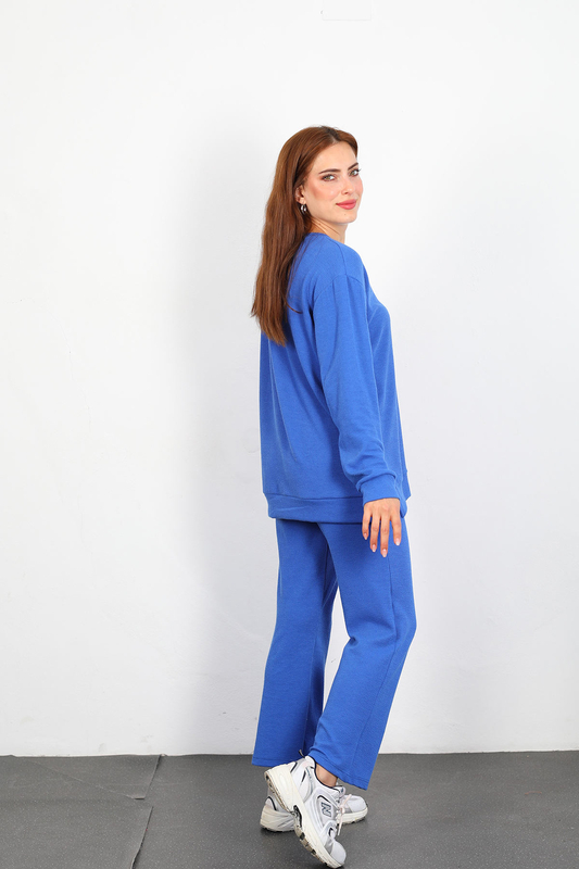 Apolet Detay Armalı Bol Paça Kadın Mavi Fitilli Takım - 5