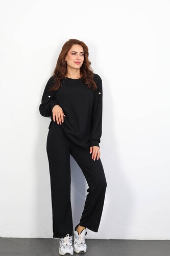 Apolet Detay Armalı Bol Paça Kadın Siyah Fitilli Takım - Berox