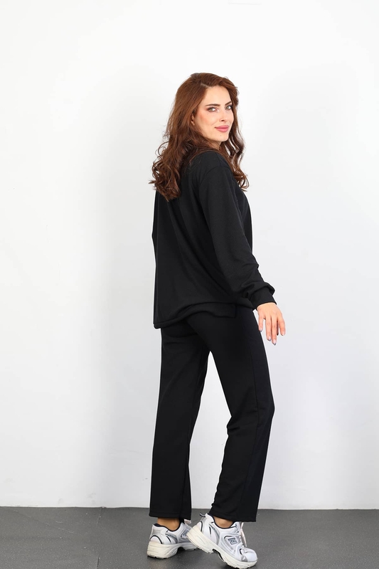 Apolet Detay Armalı Bol Paça Kadın Siyah Fitilli Takım - 5