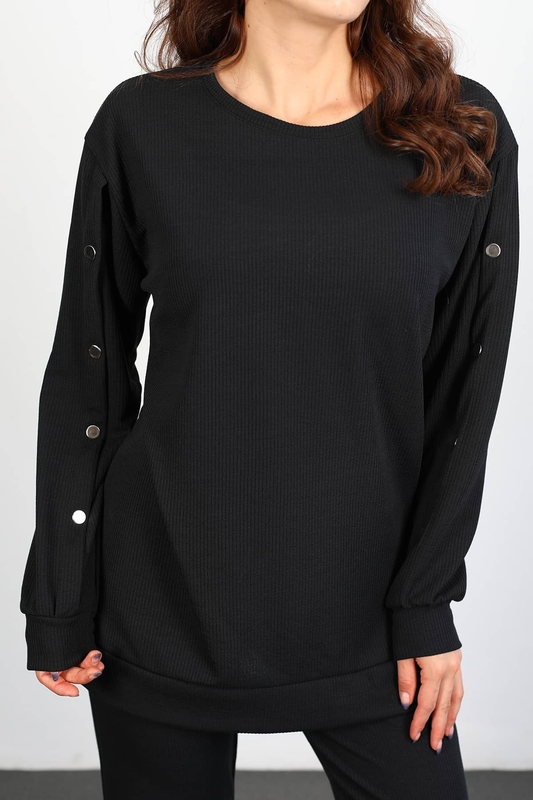 Apolet Detay Armalı Bol Paça Kadın Siyah Fitilli Takım - 3