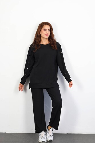 Apolet Detay Armalı Bol Paça Kadın Siyah Fitilli Takım - Berox (1)