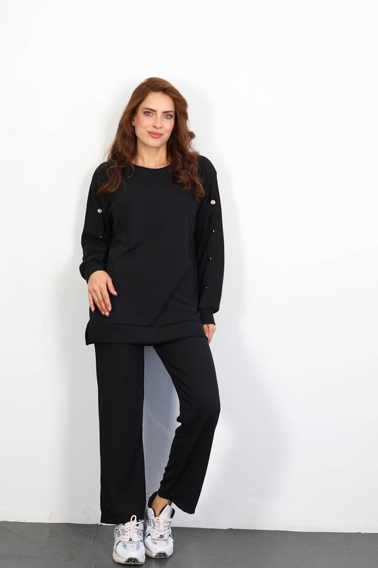 Apolet Detay Armalı Bol Paça Kadın Siyah Fitilli Takım - 4