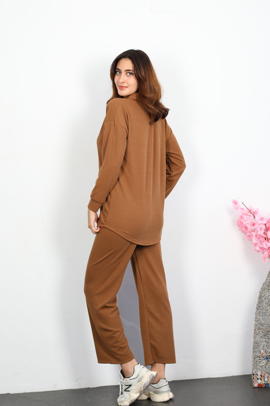 Apoletli Fitilli Camel Kadın Gömlek Takım - 5