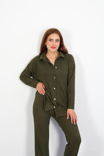 Apoletli Fitilli Haki Kadın Gömlek Takım - Berox (1)