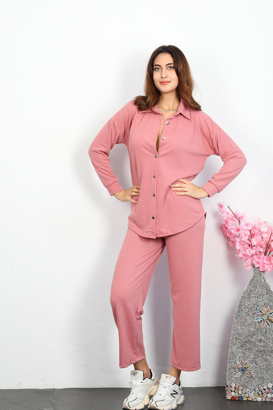 Apoletli Fitilli Pembe Kadın Gömlek Takım - 3