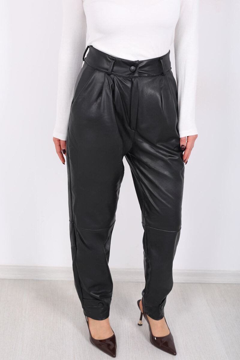 Apoletli- Pensli Siyah Kadın Deri Pantolon - 2