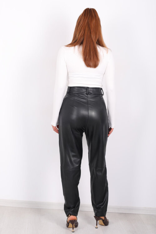 Apoletli- Pensli Siyah Kadın Deri Pantolon - 4