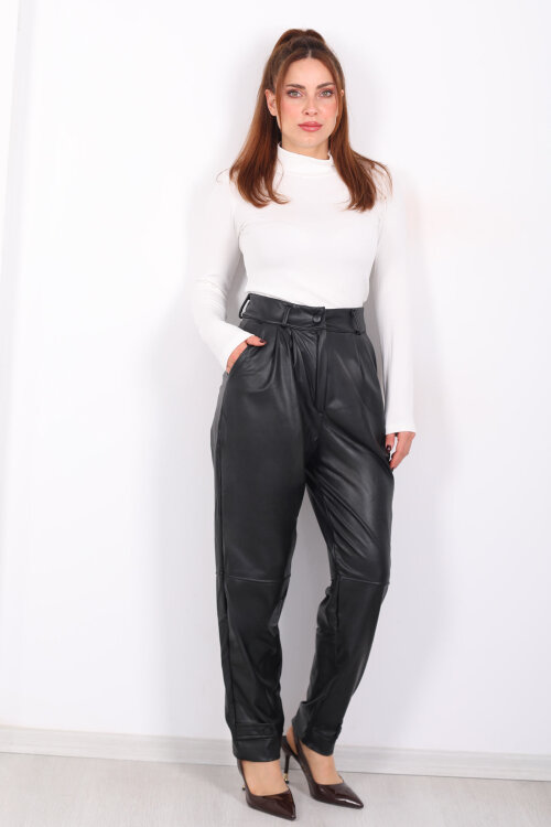 Apoletli- Pensli Siyah Kadın Deri Pantolon - Berox