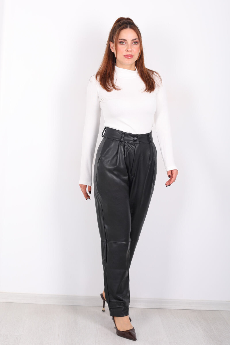 Apoletli- Pensli Siyah Kadın Deri Pantolon - 5