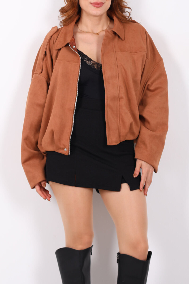 Apoletli Süet Taba Kadın Bomber Ceket - 2