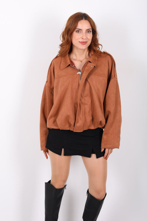 Apoletli Süet Taba Kadın Bomber Ceket - 7