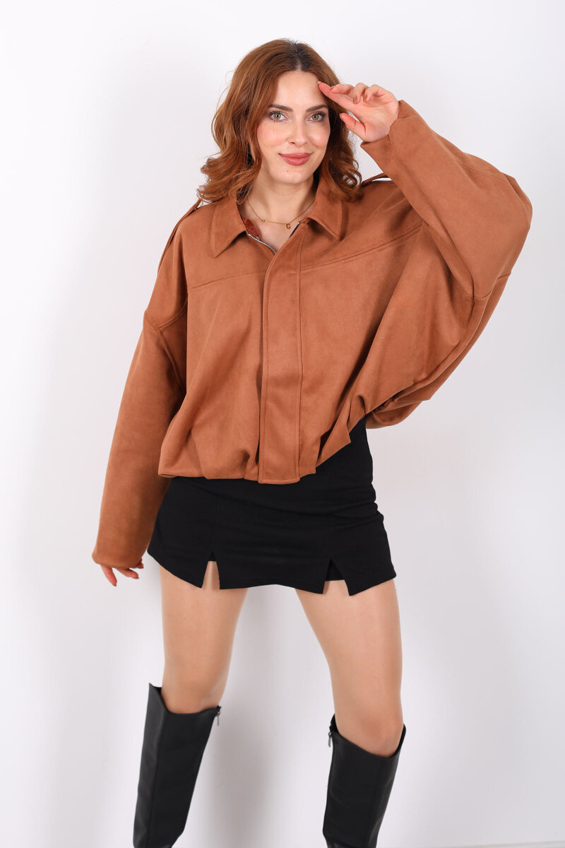 Apoletli Süet Taba Kadın Bomber Ceket - 3