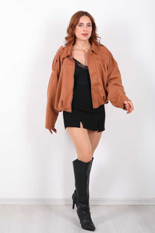 Apoletli Süet Taba Kadın Bomber Ceket - 4