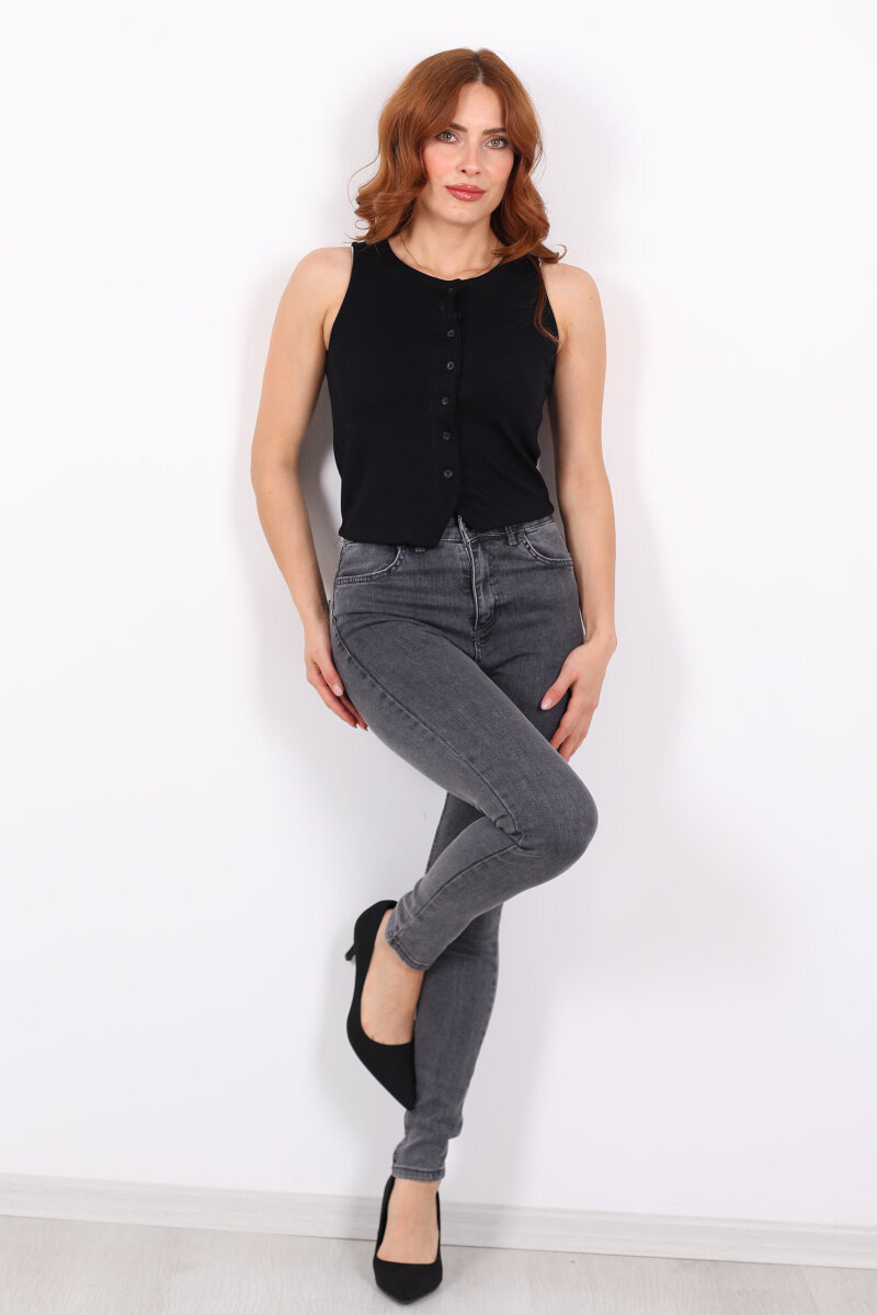 Ara Beden Dar Paça Kar Yıkama Füme Kadın Likralı Pantolon - 4