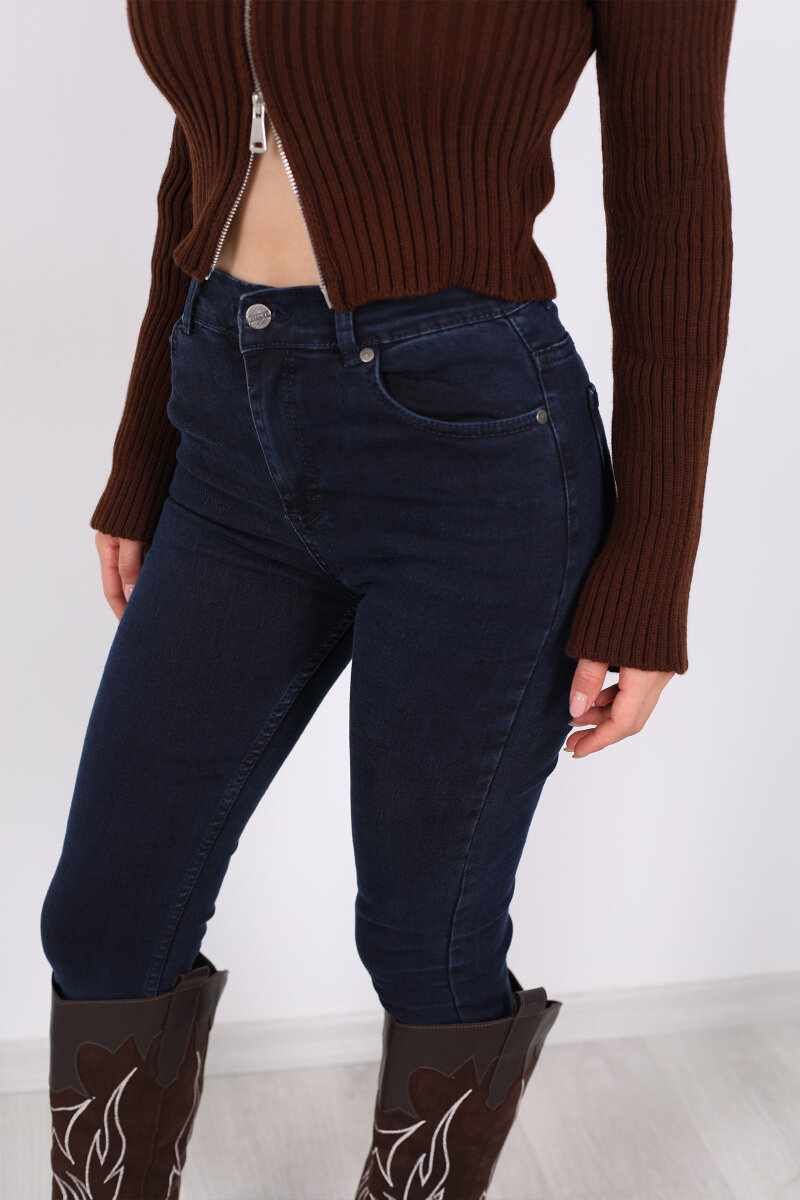 Ara Beden Dar Paça Lacivert Kadın Likralı Pantolon - 2