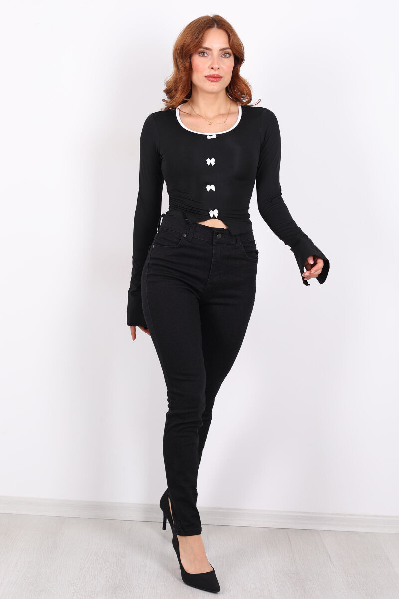 Ara Beden Dar Paça Siyah Kadın Likralı Pantolon - 3