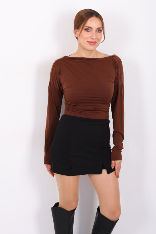 Arka Degajeli Kahverengi Kadın Sandy Bluz - 6