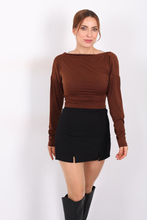 Arka Degajeli Kahverengi Kadın Sandy Bluz - 4