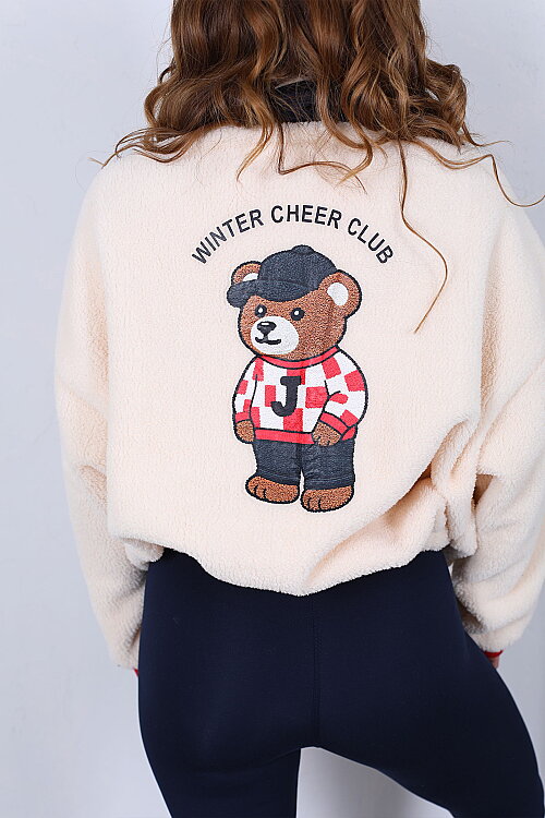 Arkası Ayıcık Baskılı Çift Cepli Taş Kadın Peluş Sweatshirt - 5