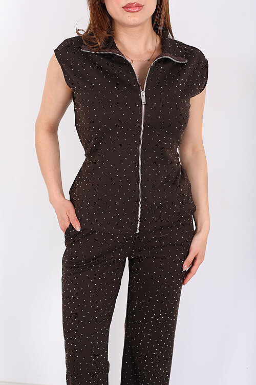 Arkası Bağlamalı Taşlı Fermuarlı Kahverengi Kadın Pantolon Takım - Berox (1)