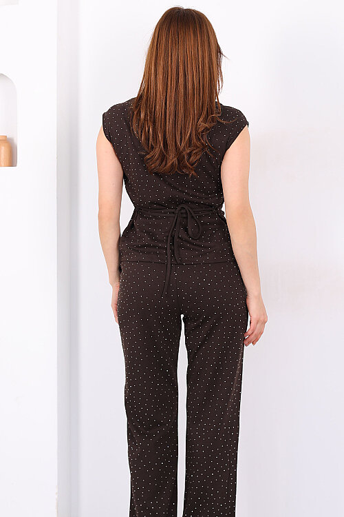 Arkası Bağlamalı Taşlı Fermuarlı Kahverengi Kadın Pantolon Takım - 5
