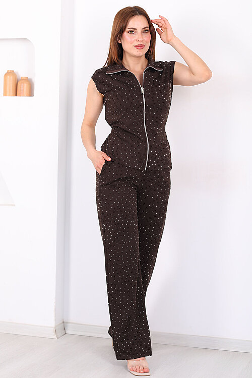 Arkası Bağlamalı Taşlı Fermuarlı Kahverengi Kadın Pantolon Takım - 7