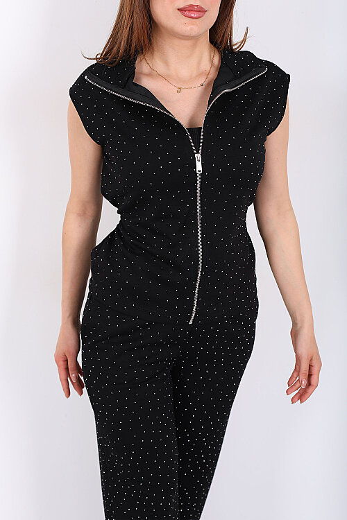 Arkası Bağlamalı Taşlı Fermuarlı Siyah Kadın Pantolon Takım - Berox (1)