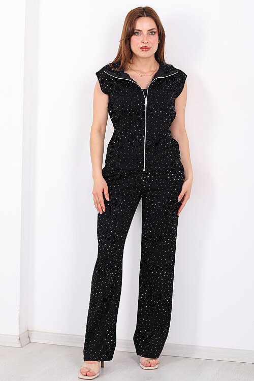 Arkası Bağlamalı Taşlı Fermuarlı Siyah Kadın Pantolon Takım - 7