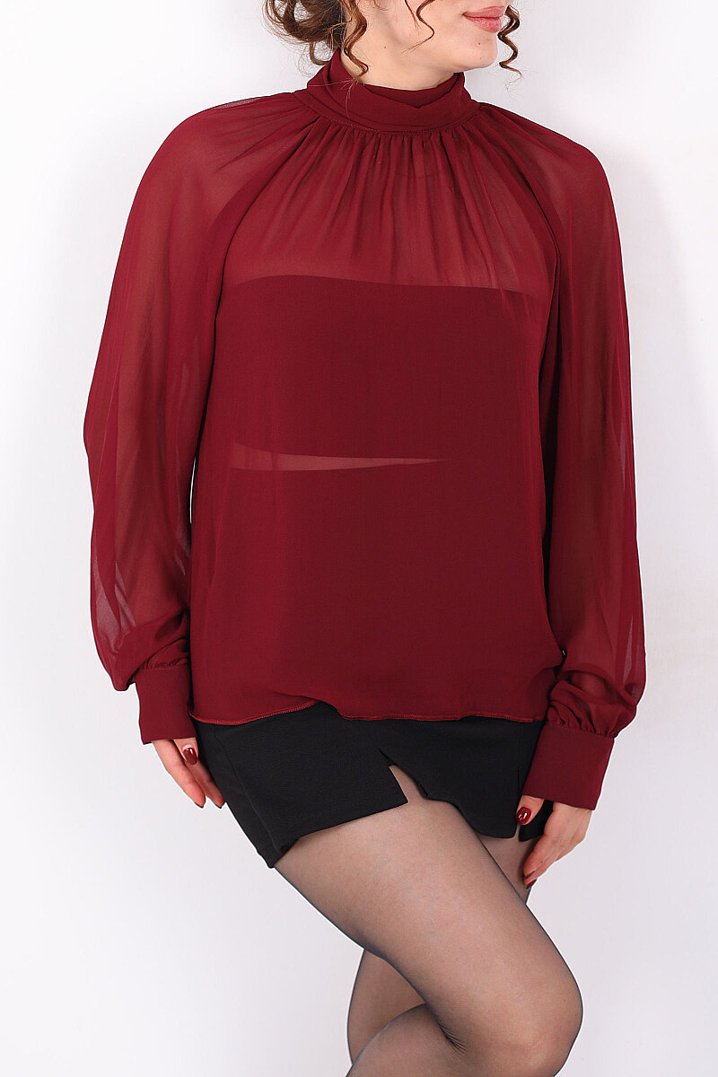 Arkası Fırfırlı Pelerin Kesim Kadın Bordo Şifon Bluz - 4