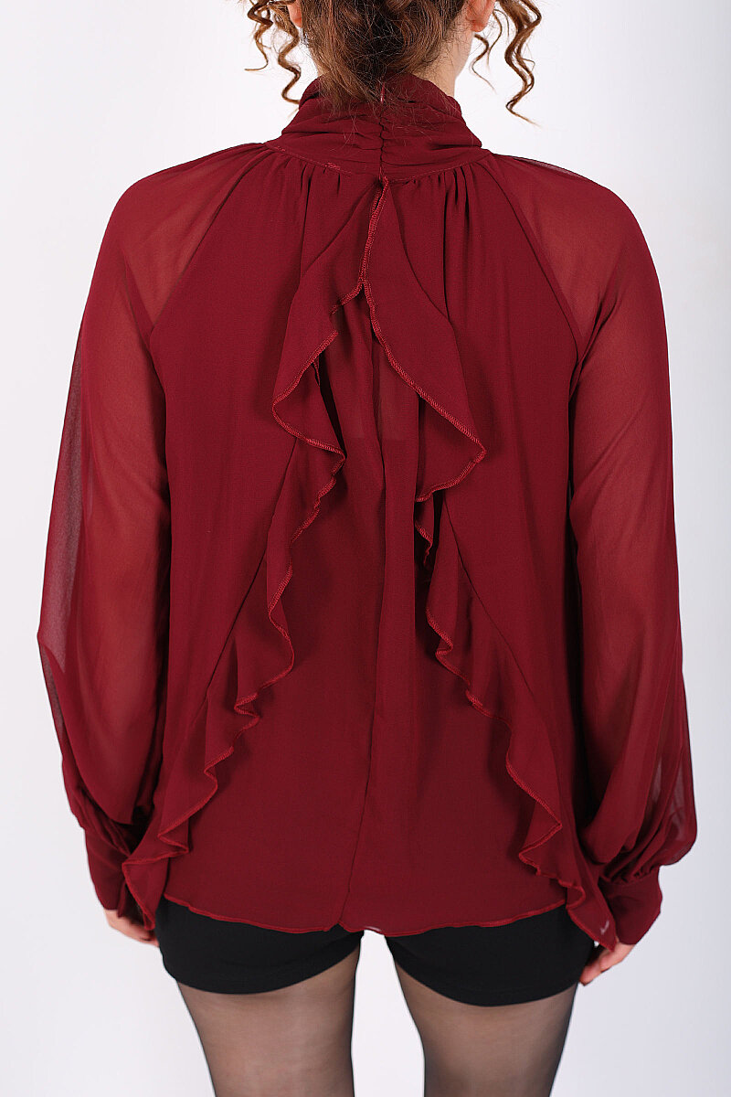 Arkası Fırfırlı Pelerin Kesim Kadın Bordo Şifon Bluz - 2