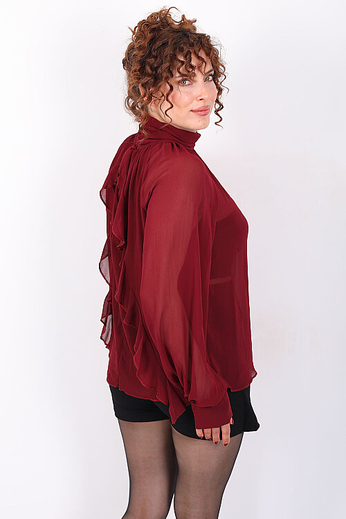 Arkası Fırfırlı Pelerin Kesim Kadın Bordo Şifon Bluz - 6