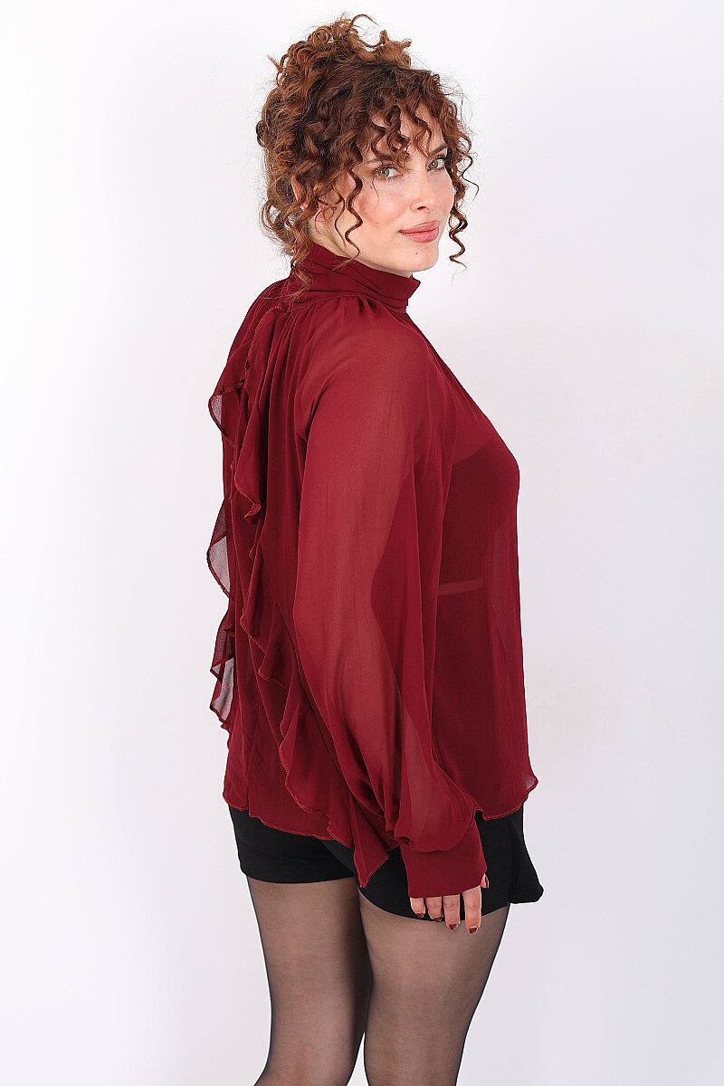 Arkası Fırfırlı Pelerin Kesim Kadın Bordo Şifon Bluz - 6