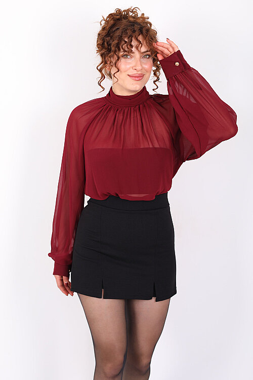 Arkası Fırfırlı Pelerin Kesim Kadın Bordo Şifon Bluz - Berox
