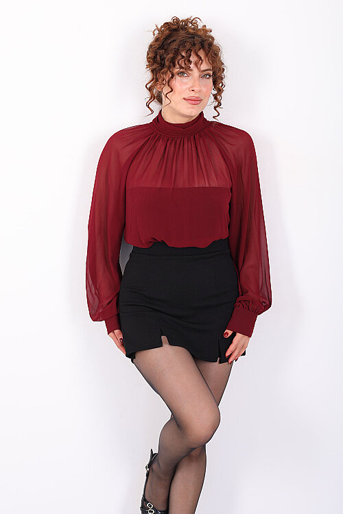 Arkası Fırfırlı Pelerin Kesim Kadın Bordo Şifon Bluz - 5