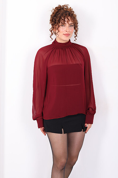 Arkası Fırfırlı Pelerin Kesim Kadın Bordo Şifon Bluz - 7