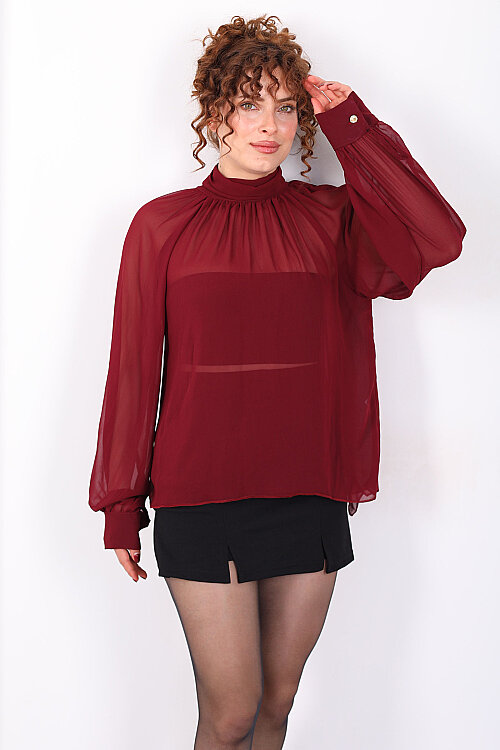 Arkası Fırfırlı Pelerin Kesim Kadın Bordo Şifon Bluz - 3
