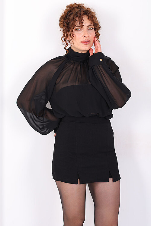Arkası Fırfırlı Pelerin Kesim Kadın Siyah Şifon Bluz - 6