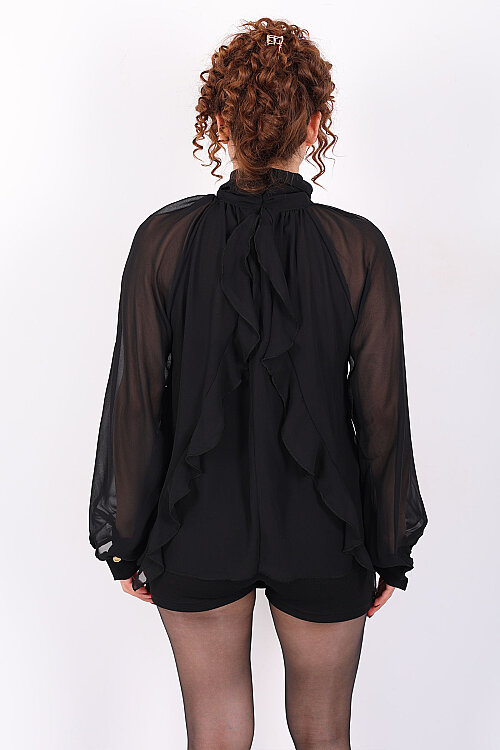 Arkası Fırfırlı Pelerin Kesim Kadın Siyah Şifon Bluz - 5