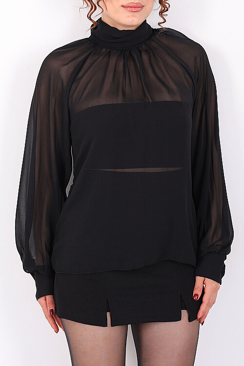 Arkası Fırfırlı Pelerin Kesim Kadın Siyah Şifon Bluz - Berox (1)
