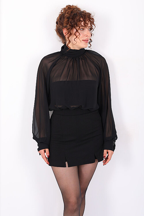 Arkası Fırfırlı Pelerin Kesim Kadın Siyah Şifon Bluz - 7