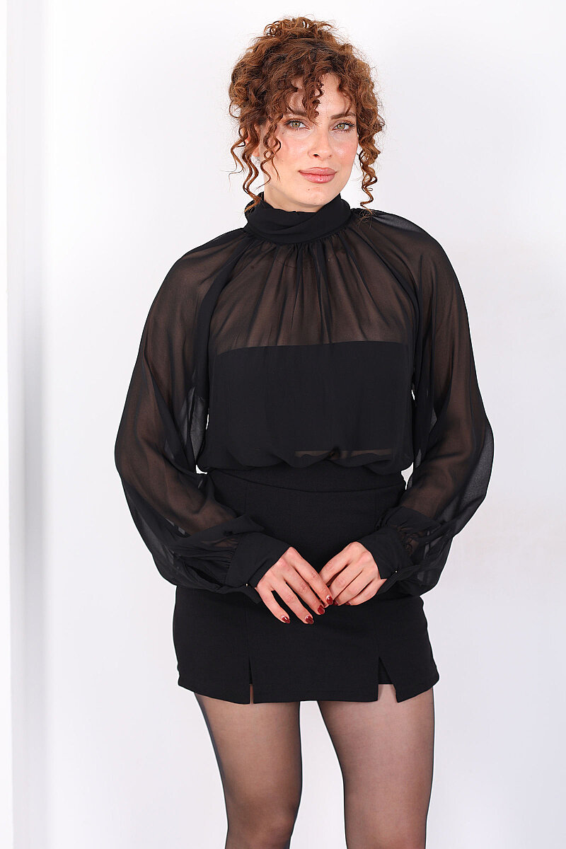 Arkası Fırfırlı Pelerin Kesim Kadın Siyah Şifon Bluz - 3