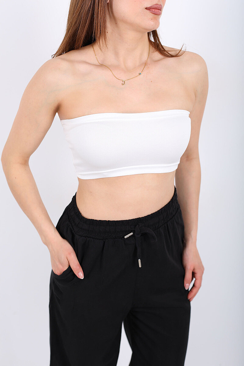 Arkası Lastikli Straplez Kadın Beyaz Mini Crop - 2