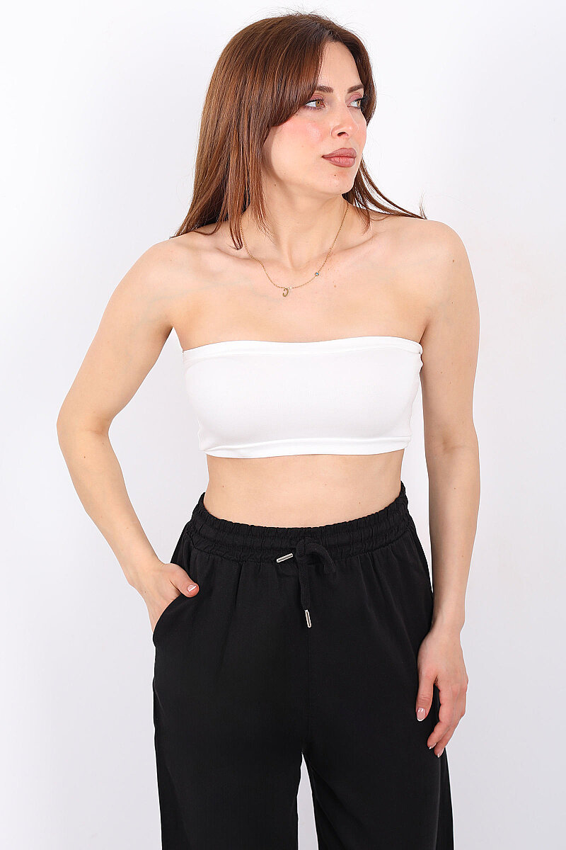 Arkası Lastikli Straplez Kadın Beyaz Mini Crop - 3