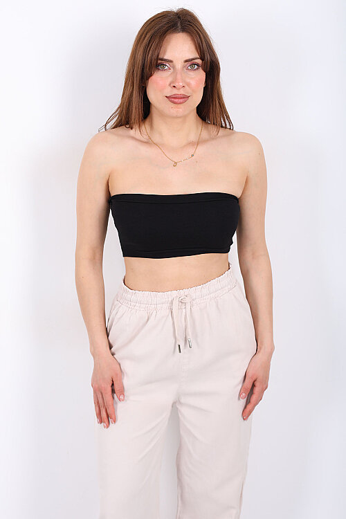 Arkası Lastikli Straplez Kadın Siyah Mini Crop - 3