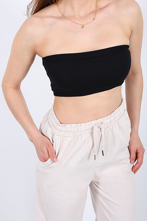 Arkası Lastikli Straplez Kadın Siyah Mini Crop - Berox (1)