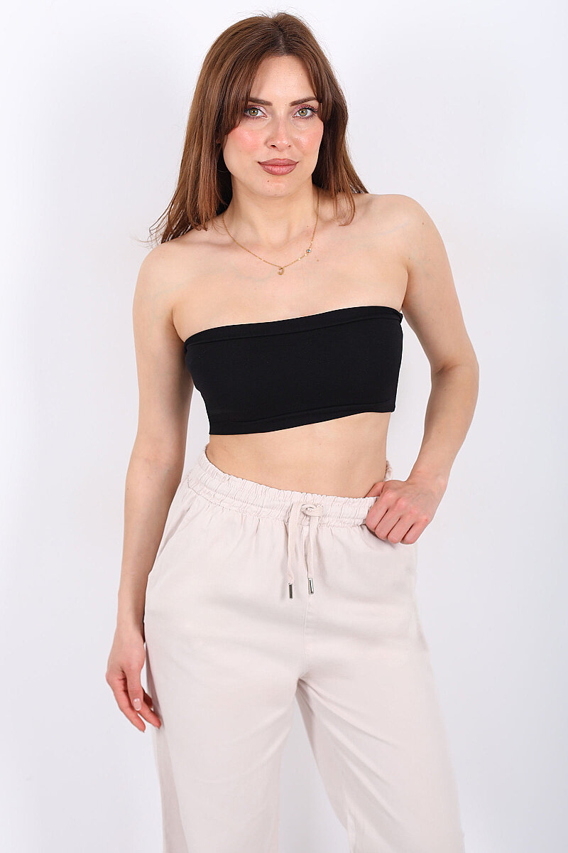 Arkası Lastikli Straplez Kadın Siyah Mini Crop - 5